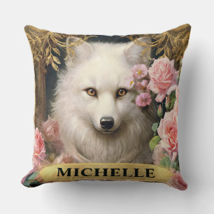 Watercolor Vintage White Fox and Pink Roses Cushion