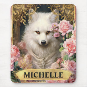 Watercolor Vintage White Fox and Pink Roses Mouse Pad