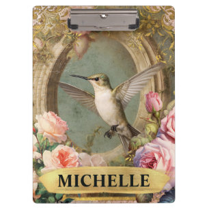 Watercolor Vintage White Hummingbird & Pink Roses Clipboard