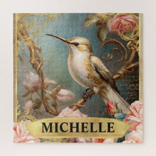 Watercolor Vintage White Hummingbird & Pink Roses Jigsaw Puzzle