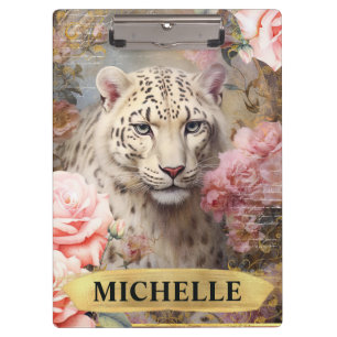 Watercolor Vintage White Leopard and Pink Roses Clipboard