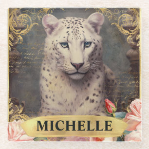 Watercolor Vintage White Leopard and Pink Roses Glass Coaster