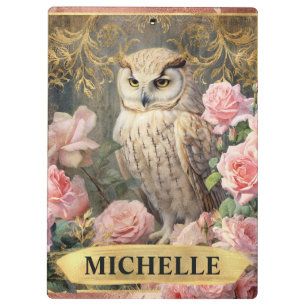 Watercolor Vintage White Owl and Pink Roses Clipboard