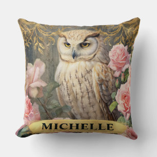 Watercolor Vintage White Owl and Pink Roses Cushion