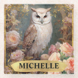 Watercolor Vintage White Owl and Pink Roses Glass Coaster