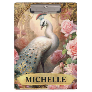 Watercolor Vintage White Peacock and Pink Roses Clipboard