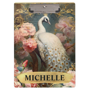 Watercolor Vintage White Peacock and Pink Roses Clipboard