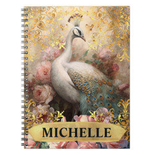 Watercolor Vintage White Peacock and Pink Roses Notebook