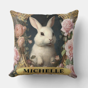 Watercolor Vintage White Rabbit and Pink Roses Cushion