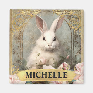 Watercolor Vintage White Rabbit and Pink Roses Magnet