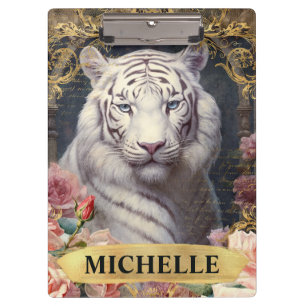Watercolor Vintage White Tiger and Pink Roses Clipboard