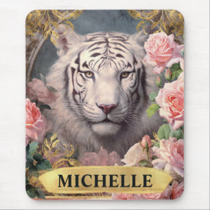 Watercolor Vintage White Tiger and Pink Roses Mouse Pad