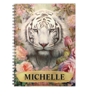 Watercolor Vintage White Tiger and Pink Roses Notebook