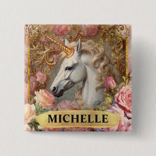 Watercolor Vintage White Unicorn and Pink Roses 15 Cm Square Badge