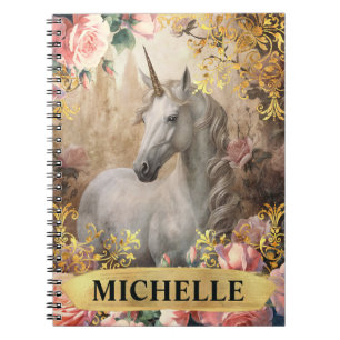 Watercolor Vintage White Unicorn and Pink Roses Notebook