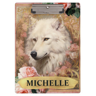 Watercolor Vintage White Wolf and Pink Roses Clipboard