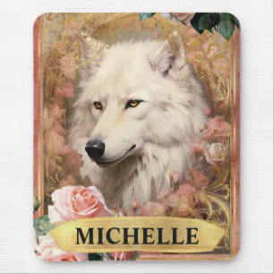 Watercolor Vintage White Wolf and Pink Roses Mouse Pad