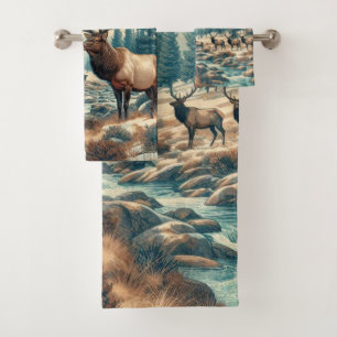 Watercolor Vintage Wildlife / Elk Herd  Bath Towel Set