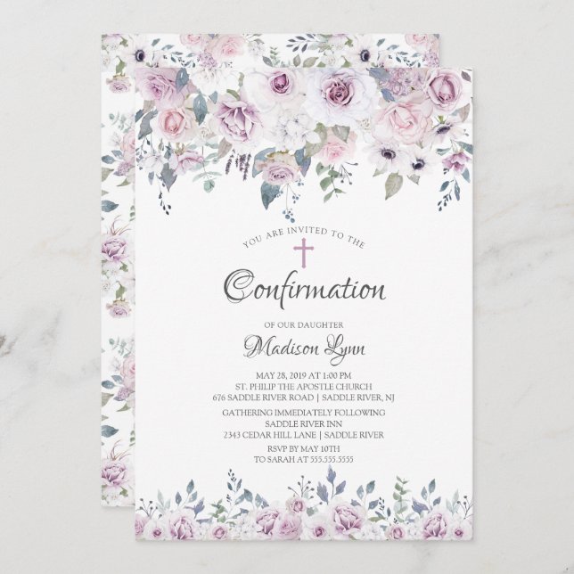 Watercolor Violet Flowers Confirmation Invitation (Front/Back)