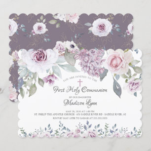 Watercolor Violet Flowers First Communion Invitation
