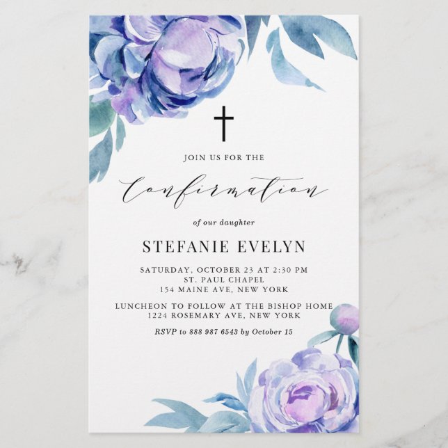 Watercolor Violet Peonies Confirmation Invitation (Front)