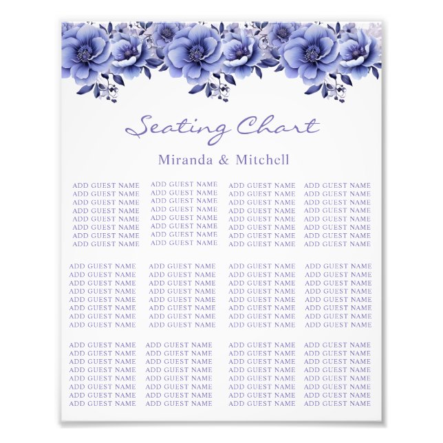 Watercolor Violet Peony Wedding Seating Chart Photo Print (Front)