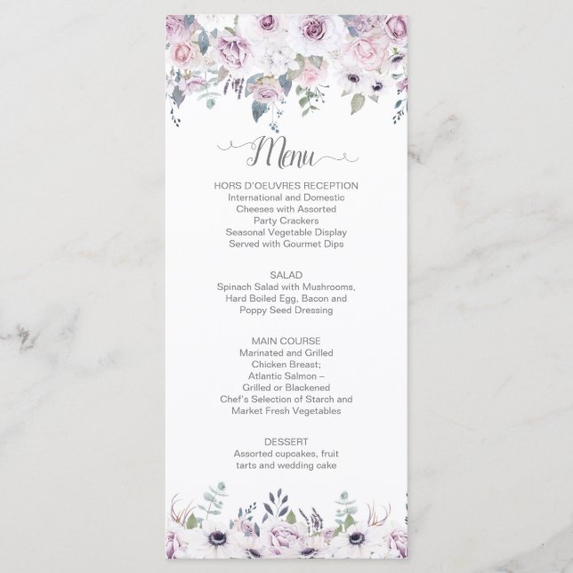 Watercolor Violet & Pink Roses Greenery Wedding Menu (Front)