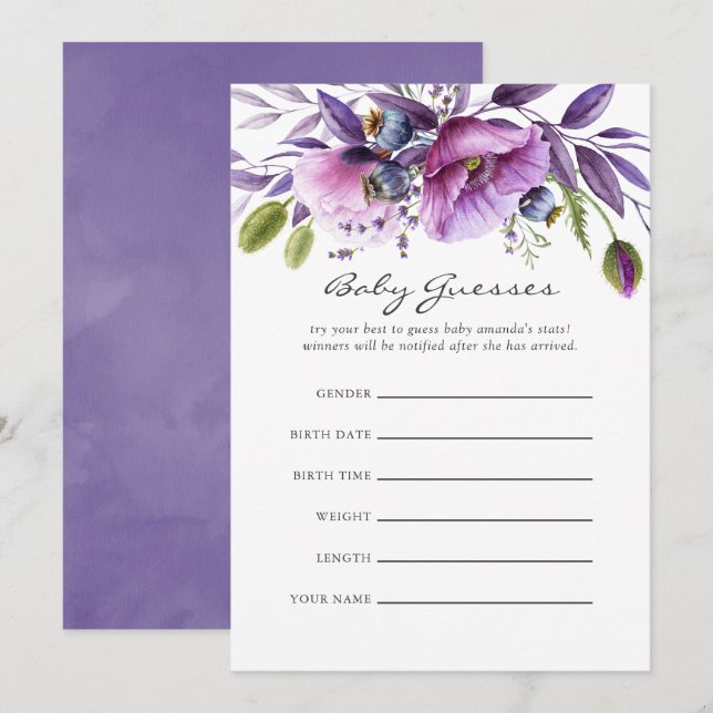 Watercolor Violet Poppy Floral Baby Shower Guesses Invitation (Front/Back)