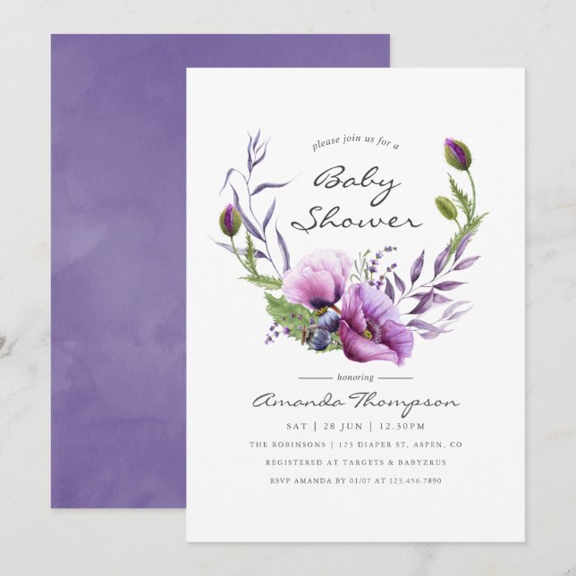 Watercolor Violet Poppy Floral Baby Shower Invite (Front/Back)