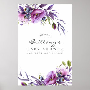 Watercolor Violet Poppy Floral Baby Shower Welcome Poster
