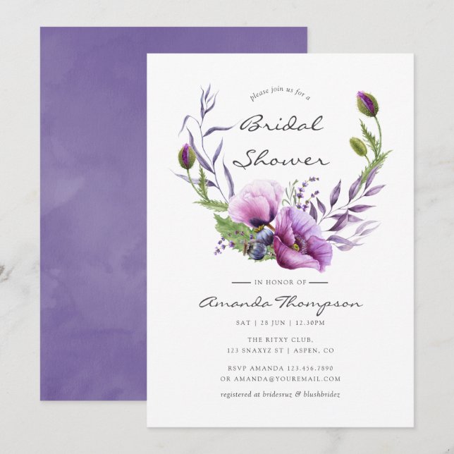 Watercolor Violet Poppy Floral Bridal Shower Invitation (Front/Back)