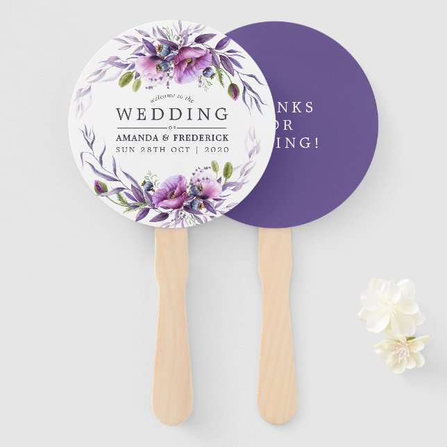 Watercolor Violet Poppy Floral Wedding Favour Hand Fan (Front and Back)