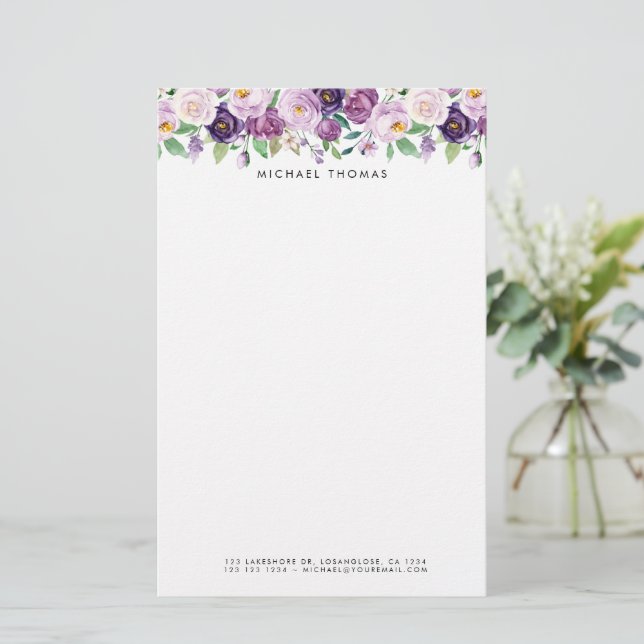 Watercolor Violet Purple Flowers Personalised Stationery (Standing Front)