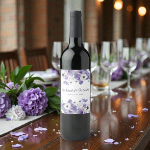 Watercolor Violet Purple Flowers Wedding Wine Label