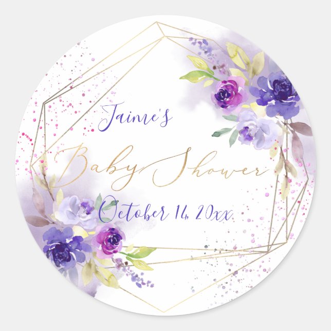 Watercolor Violet Purple Peonies Baby Shower Classic Round Sticker (Front)