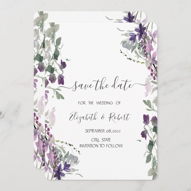Watercolor Violet Wildflower Save The Date (Front/Back)