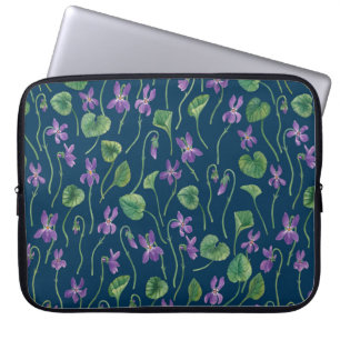 Watercolor violets on blue laptop sleeve