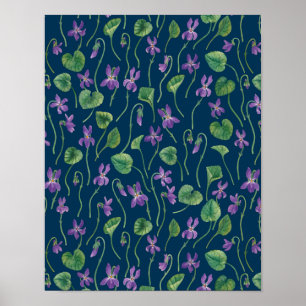 Watercolor violets on blue poster