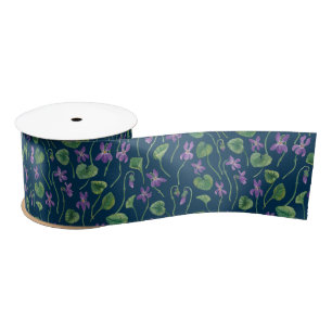 Watercolor violets on blue satin ribbon