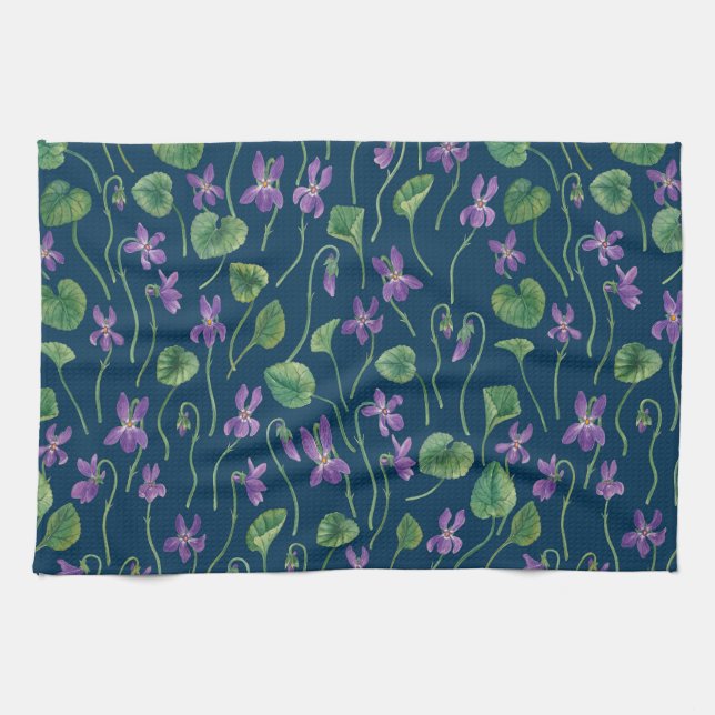 Watercolor violets on blue tea towel (Horizontal)