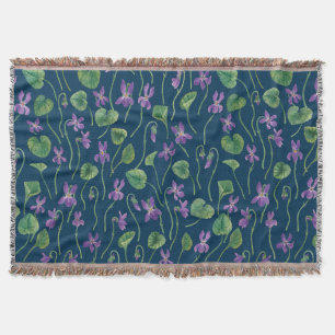 Watercolor violets on blue throw blanket
