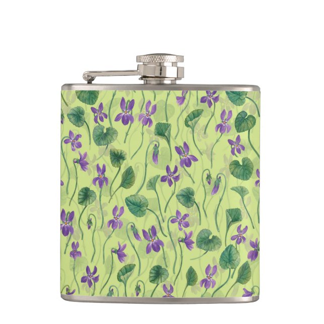 Watercolor violets on honey dew hip flask (Front)