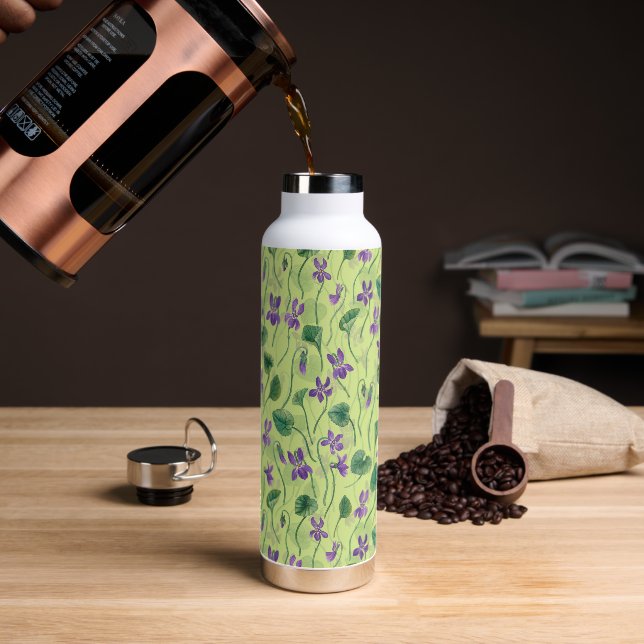 Watercolor violets on honey dew water bottle (Coffee)