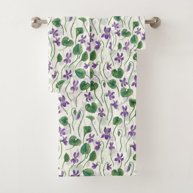 Watercolor violets on off white bath towel set (Insitu)