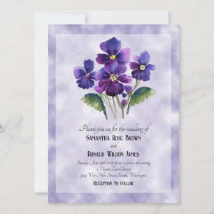 Watercolor violets on purple background wedding invitation