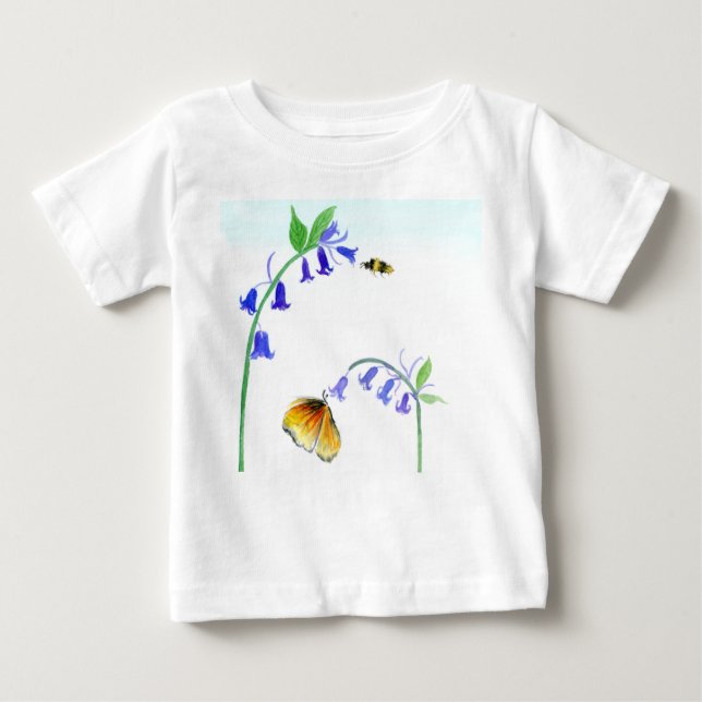 Watercolor Virginia Bluebells With Butterfly Baby T-Shirt (Front)