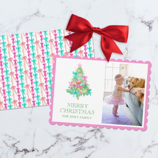 Watercolor Vivid Pink Bow Coquette Christmas Photo Holiday Card (Creator Uploaded)