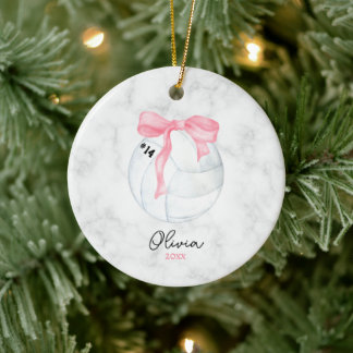 Watercolor Volleyball and Preppy Pink Coquette Bow Ceramic Tree Decoration
