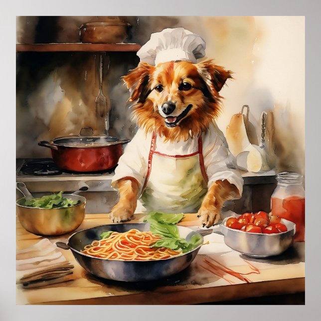 Watercolor Volpino Italiano Dog Cooking Pasta Poster (Front)