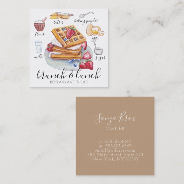 Watercolor Waffle logo restaurant Square Business Card (Front/Back)